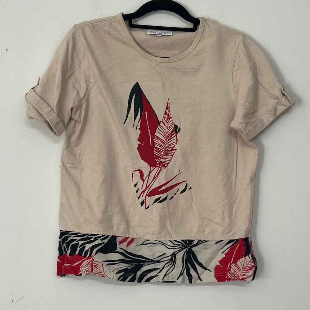 🌞 Kaktus tan short sleeve linen blouse w/roll tab sleeves desert design women M